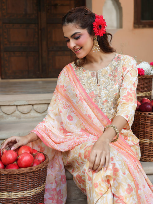Cream Pure Cotton Floral Printed Yoke Embroidered A-line Kurta Set